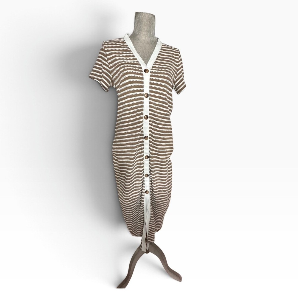 BTFBM Striped Knit Midi Dress Coffee Brown White V-Neck Button Front, Large